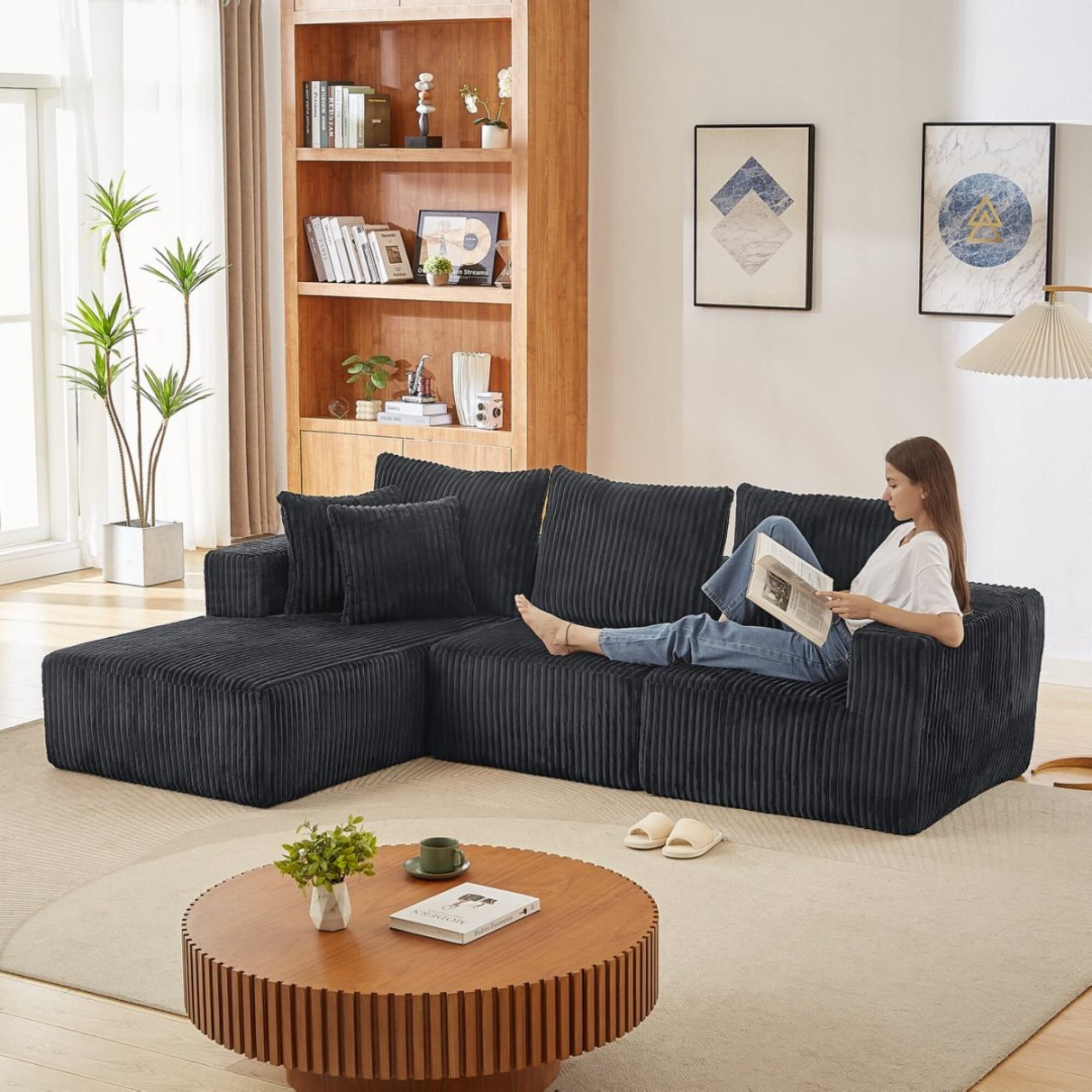 DEALTOPS L-Shaped Corduroy Sectional Sofa, 4-Seater Convertible Couch with Chaise, No Assembly, Dark Gray
