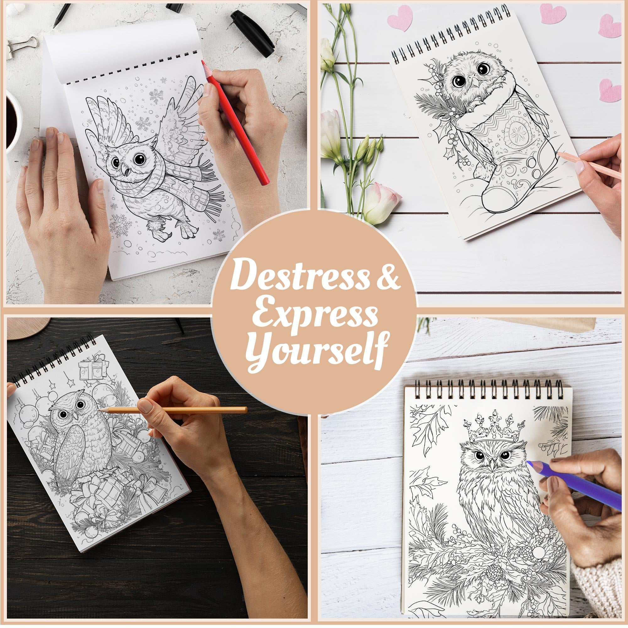 Netecom Christmas Owls Coloring Book Spiral Bound for Adults, A5 Wooden Cover, 30 Charming Coloring Pages of Playful Owls in Holiday Winter Scenes for Stress Relief and Relaxation