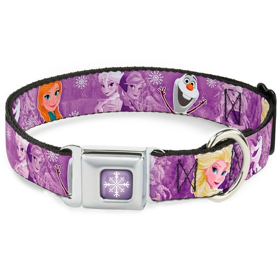 Disney Pet Collar, Dog Collar Metal Seatbelt Buckle, Frozen Anna Elsa Olaf Poses Scenes Purples, 16 to 23 Inches 1.5 Inch Wide
