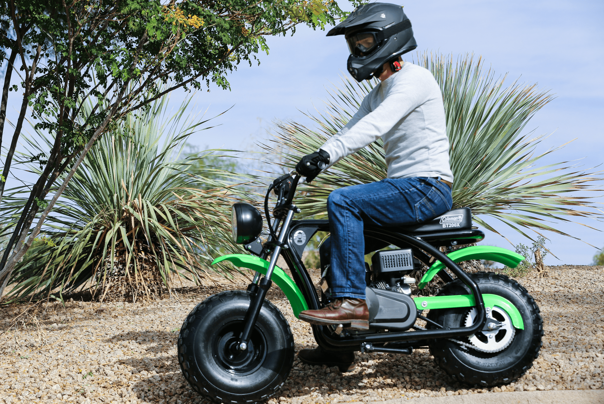 Coleman BT200X G Gas Powered Green Mini Bike Powerful 196cc Engine Front Shocks Durable Frame 20 mph Speed