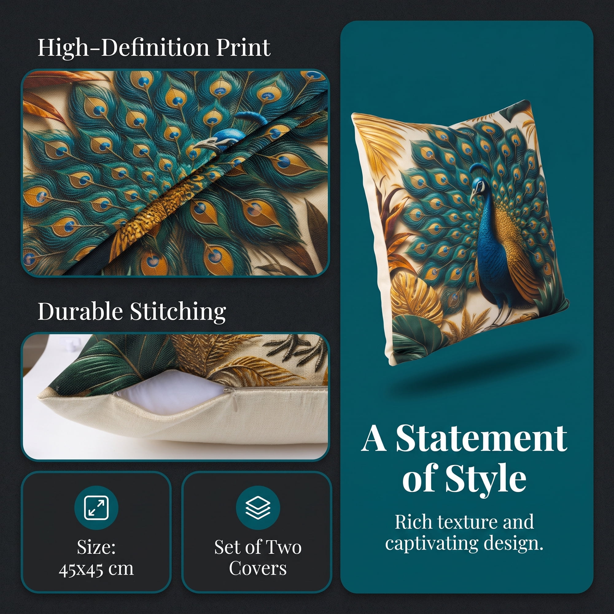 Unique Bargains Vibrant Animal Decor Throw Pillow Covers Wildlife Cushion Case 2 Pack Peacock 18"x18"