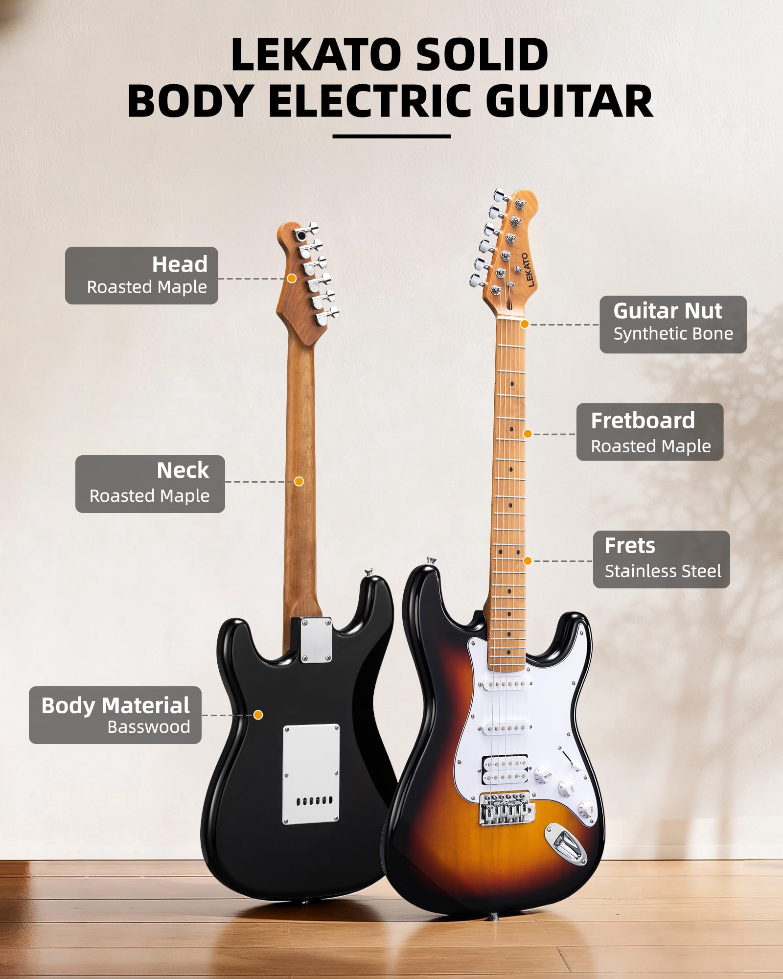 LEKATO 39-inch Electric Guitar Kit for Beginner Roasted Maple Neck & Fingerboard Stainless Steel Rounded Head Frets with Amplifier, Bag, Capo, Strap, String, Tuner, Cable, Picks