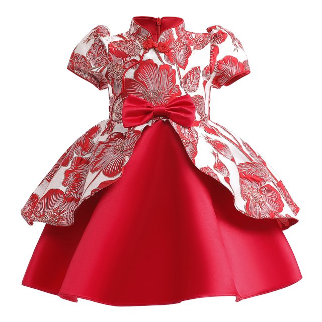 Felwors Robe de Concours Cheongsam à Manches Courtes pour Filles Fête du Nouvel An Robe Brodée pour Enfants Robe de Princesse