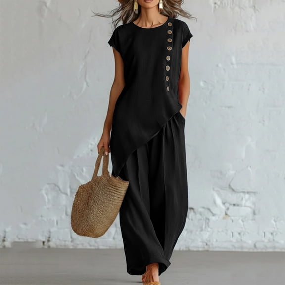 Cagogo Women's 2 Piece Casual Sets Round Neck Short Sleeve Tshirt Wide Leg Pants Loose Summer Vacation Outfits Solid Boho Lounge Tracksuits Travel Airport Clothes, Black XL