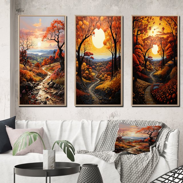 Designart "Autumnal Orchard in the Countryside" Landscape & Nature Framed Wall Art Set Of 3 - Orange Countryside Frame Canvas Set For Living Room Decor