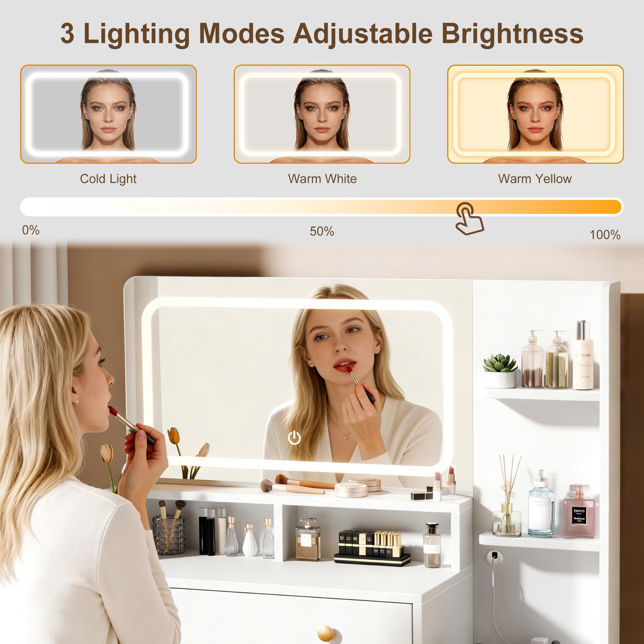 Satifur White Makeup Vanity with LED Mirror, 3 Color Lights, 2 AC + USB + Type-C, 3 Shelves, 2 Drawers & Acrylic Cabinet – Modern Vanity Desk for Bedroom