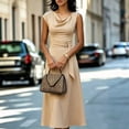 thumbnail image 2 of Morttic Women's Solid Color Sleeveless Cowl Neck Midi Dress – Elegant Ruched Tied Waist A-Line Dress Office & Party Wear Khaki，L, 2 of 6