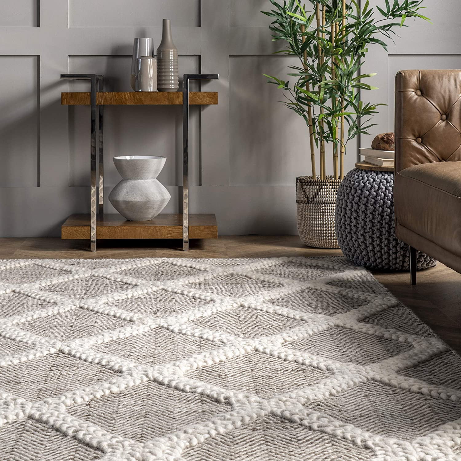nuLOOM River Hand Woven Textured Trellis Wool Area Rug, 5' x 8', Beige