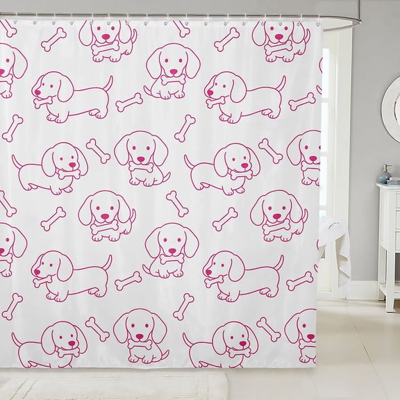 Manfei Kawaii Dachshund Shower Curtain 72Wx72L, Simple Bone Print Bathroom Curtain, White Magenta