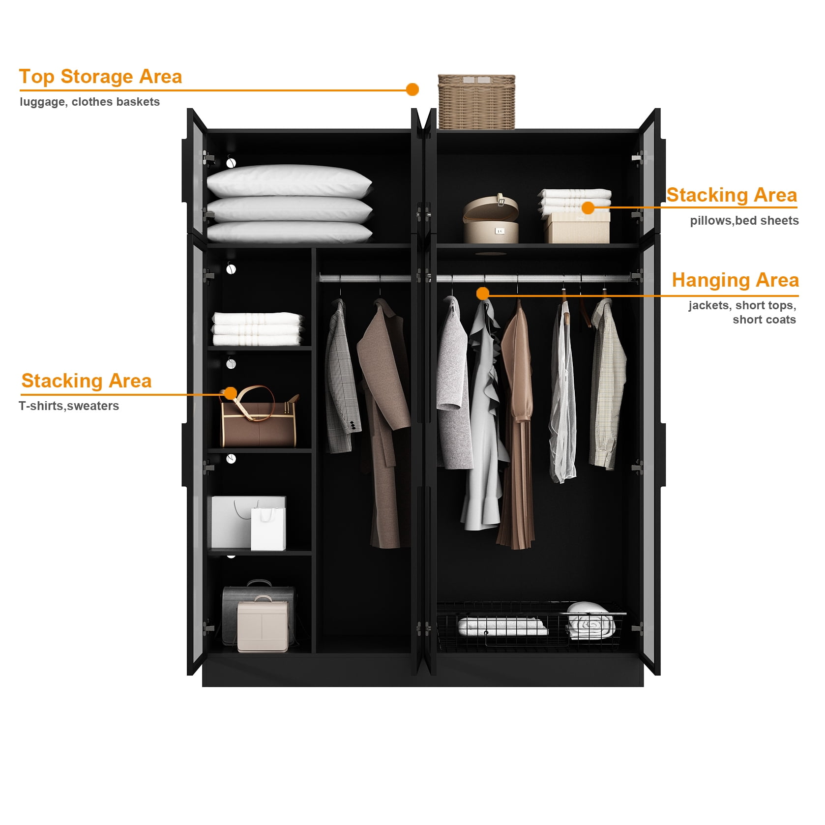 KULAGAGA Bedroom Wardrobe with Glass Doors and Lights,  Armoire Closet Cabinet with Hanging Rod and Shelves, 59" W