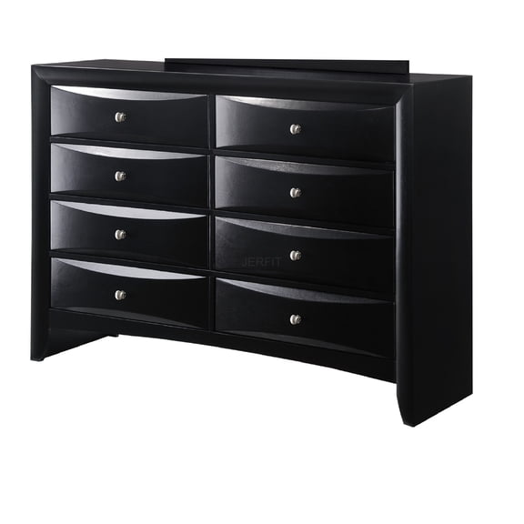 JERFIT Modern 8-Drawer Dresser for Bedroom, Black Wood Chest of Drawers with Silver Knobs, Wide Storage Cabinet