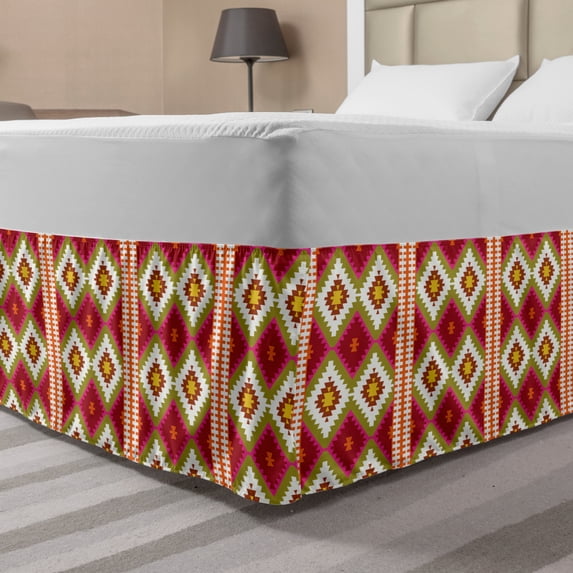 Boho Bed Skirt, Print of Turkish Oriental Zigzags Folk Geometric Layout, Elastic Bedskirt Dust Ruffle Wrap Around for Bedding Decor, 4 Sizes, Vermilion and Multicolor, by Ambesonne