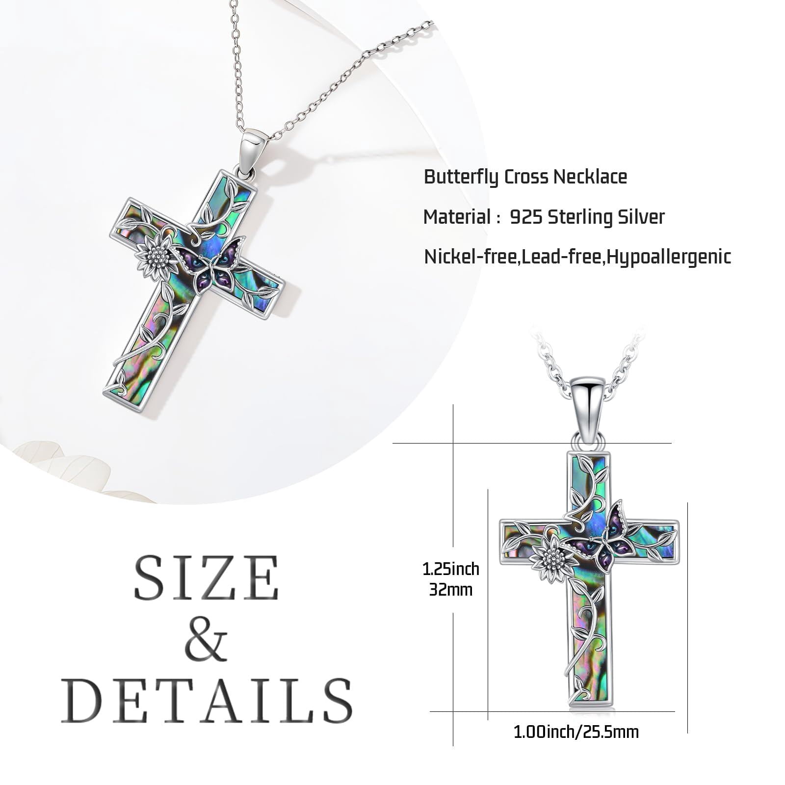 Coachuhhar Sunflower Cross Necklace 925 Sterling Silver Butterfly Pendant Necklace Abalone Jewelry Gifts for Women Mom Birthday