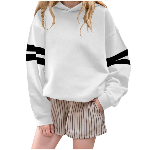 Sweat à Capuche Blanc pour Enfants Rayé Blanc Velours Décontracté Confortable Manches Longues Sweat à Capuche Blanc pour Garçons