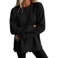 thumbnail image 2 of Women's Waffle Knit Crew Neck Long Sleeve Pullover Tops, Scalloped Hem & Scallop Cuffs Design, Loose Fit Casual Sweatshirt, Solid Color Fall Tunic Shirts for Women Black 3XL, 2 of 5