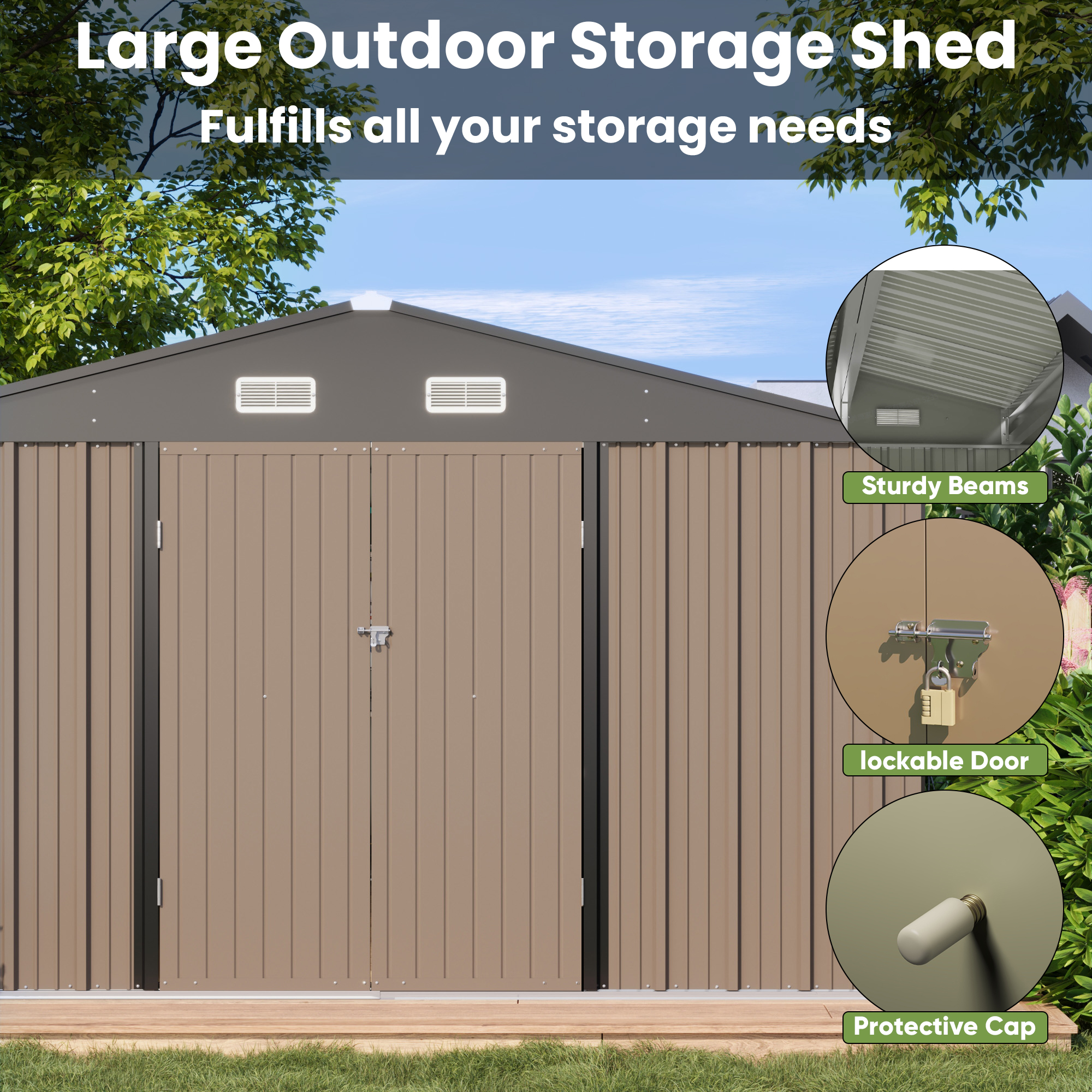 Patiowell Size Upgrade 10 x 10 ft Outdoor Storage Metal Shed with Sloping Roof and Double Lockable Door, Brown - image 4 of 7