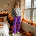thumbnail image 4 of Womens Halloween Pajama Pants Soft Flannel Funny Bat Print Pj Bottoms | Halloween Costumes Women, Drawstring Waist, Straight Wide Leg, Cute Ghost Print, Loose Fit, Lounge, for Sleep Dark Purple,M, 4 of 6