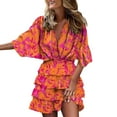 thumbnail image 1 of Kcodviy Robe Midi d'Été à Manches pour Femmes, Printemps Été, Col en V, Imprimé, Irrégulière, Décontractée, Maxi, Ourlet, Robe Courte, 1 of 5