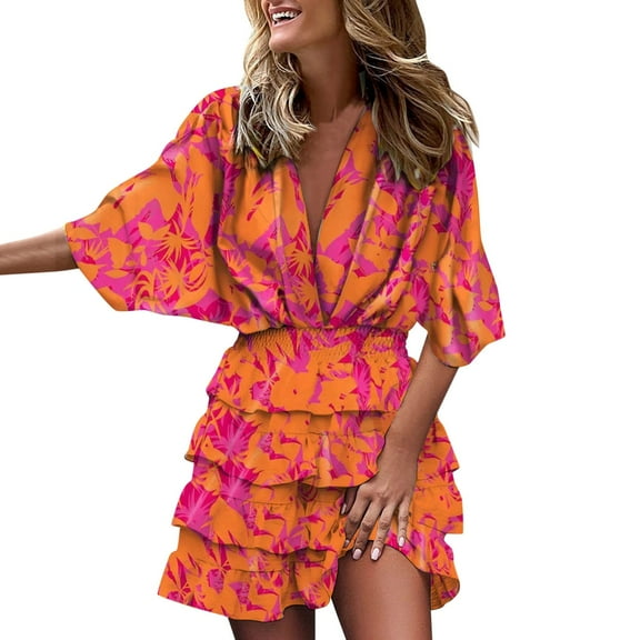 CBGELRT Spring Summer Dresses for Women Boho Hawaii Leaf Print Beach Sundress Elegnat Batwing Sleeve V Neck Ruffles Irregular Mini Dress