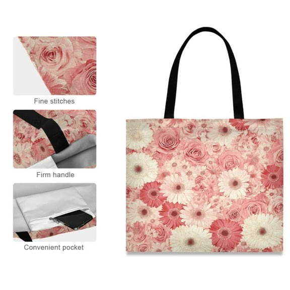 Canvas Tote Bag for Women Girls Design Print Pink Flowers Tote