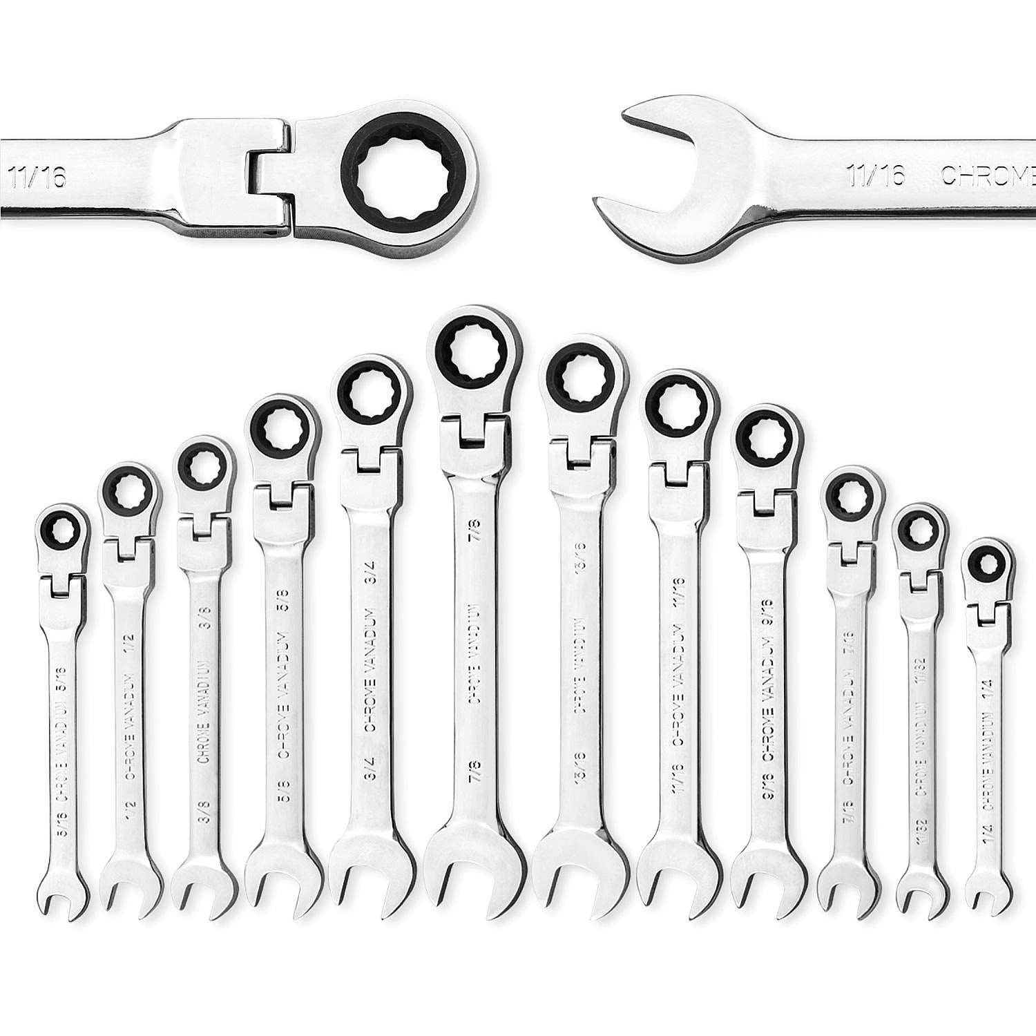 12Piece SAE FlexHead Ratcheting Wrench Set, Professional Chrome