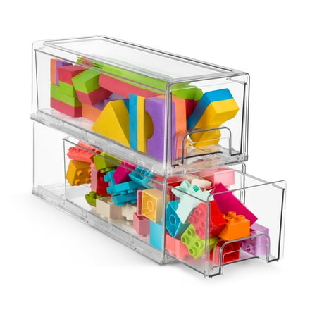 Sorbus Small Clear Stackable Storage Drawers Plastic Storage Drawers with Handles Craft Clothes Medicine Makeup Closet Art Supply Bathroom Shoe Toy Storage Organizer (2 Pack Wide)