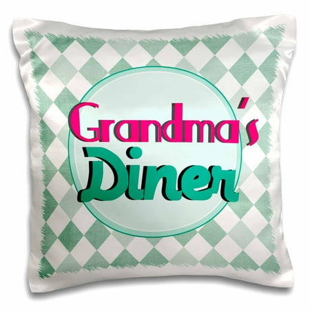 - 3dRose Grandmas Diner on aqua blue - Retro hot pink turquoise teal 1950s 50s fifties kitchen Grandmother - Pillow Case, 16 by 16-inch