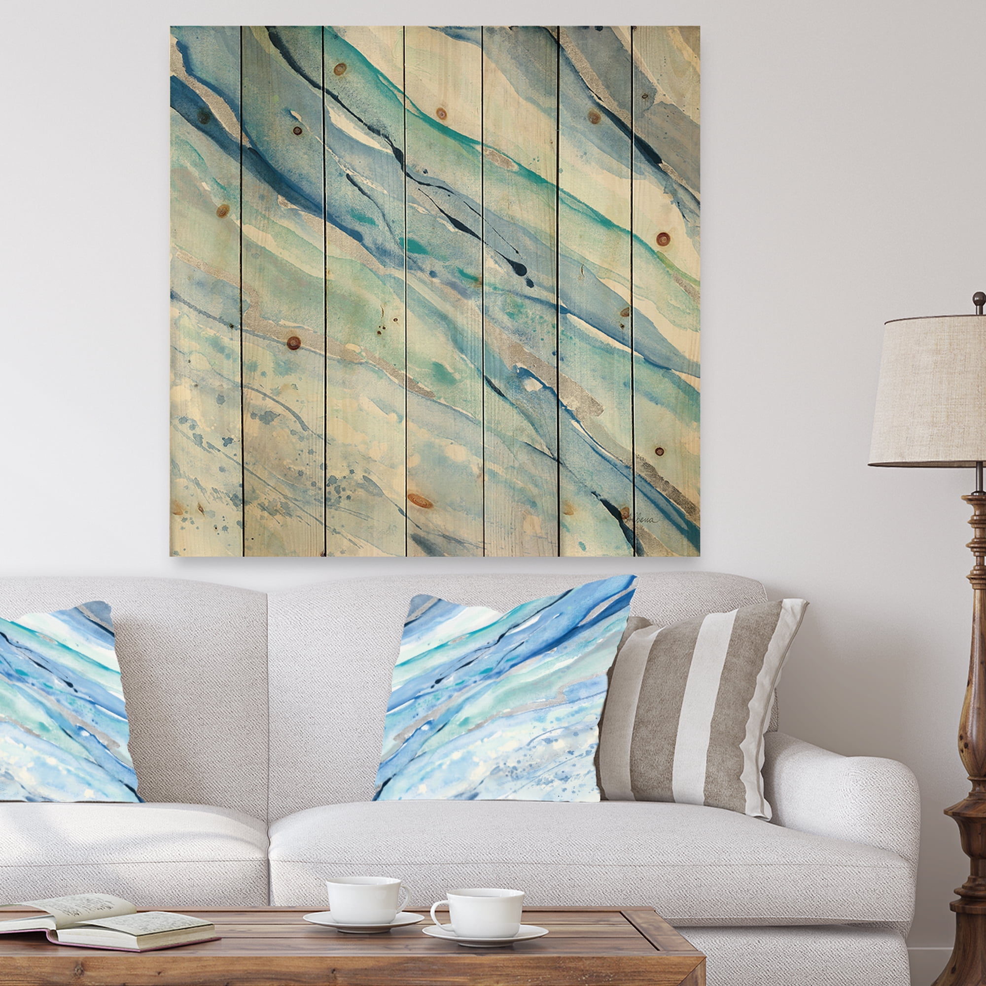 Designart 'Fractal Blue Silver Spring I' Modern Lake House Print on Natural Pine Wood