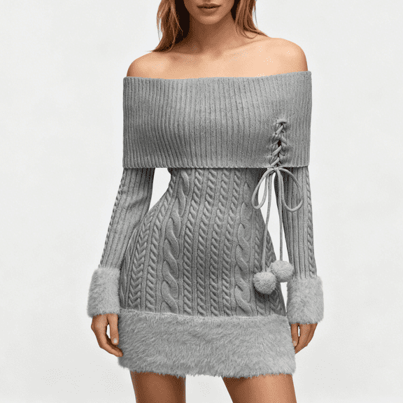 Stichou Womens Sweater Dress Spring Winter Off Shoulder Long Sleeve Slim Fit Dress Elegant Clothing Gray M
