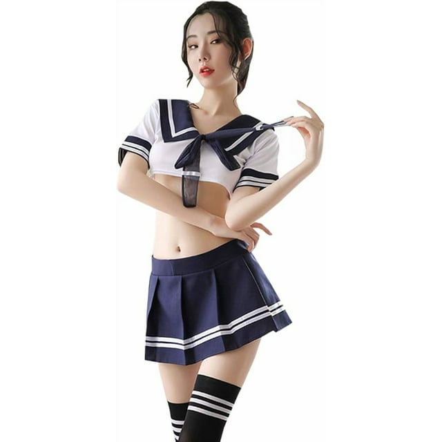 Conjunto de lencería de cosplay con medias para mujer, disfraz de colegiala traviesa de anime japonés, Lolita, marinero y medias