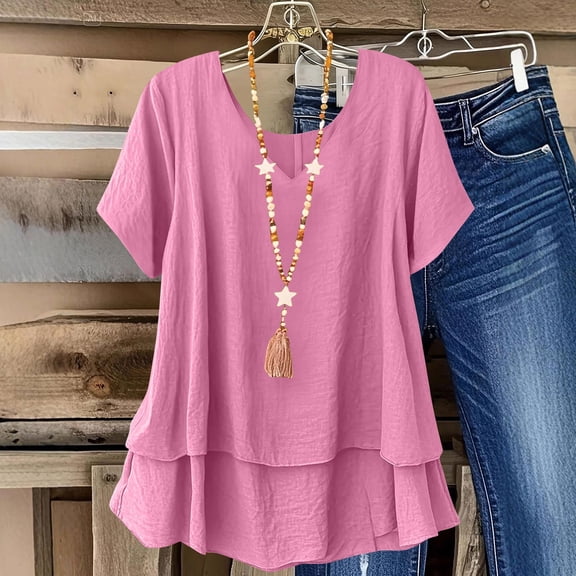 Xdegoge Tunic Tops for Women for Leggings Cotton Linen Blouses Short Sleeve Round Neck Double Layered Hem Flowy Shirts Casual Summer Lightweight Loose Fit Peplum Style Fashion Tops