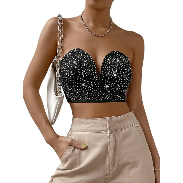 Arvbitana Women Sequin Bustier Strapless Deep V Neck Glitter Tube Tops Casual Sexy Corset Crop Tops for Cocktail Lounge Party - Walmart.com