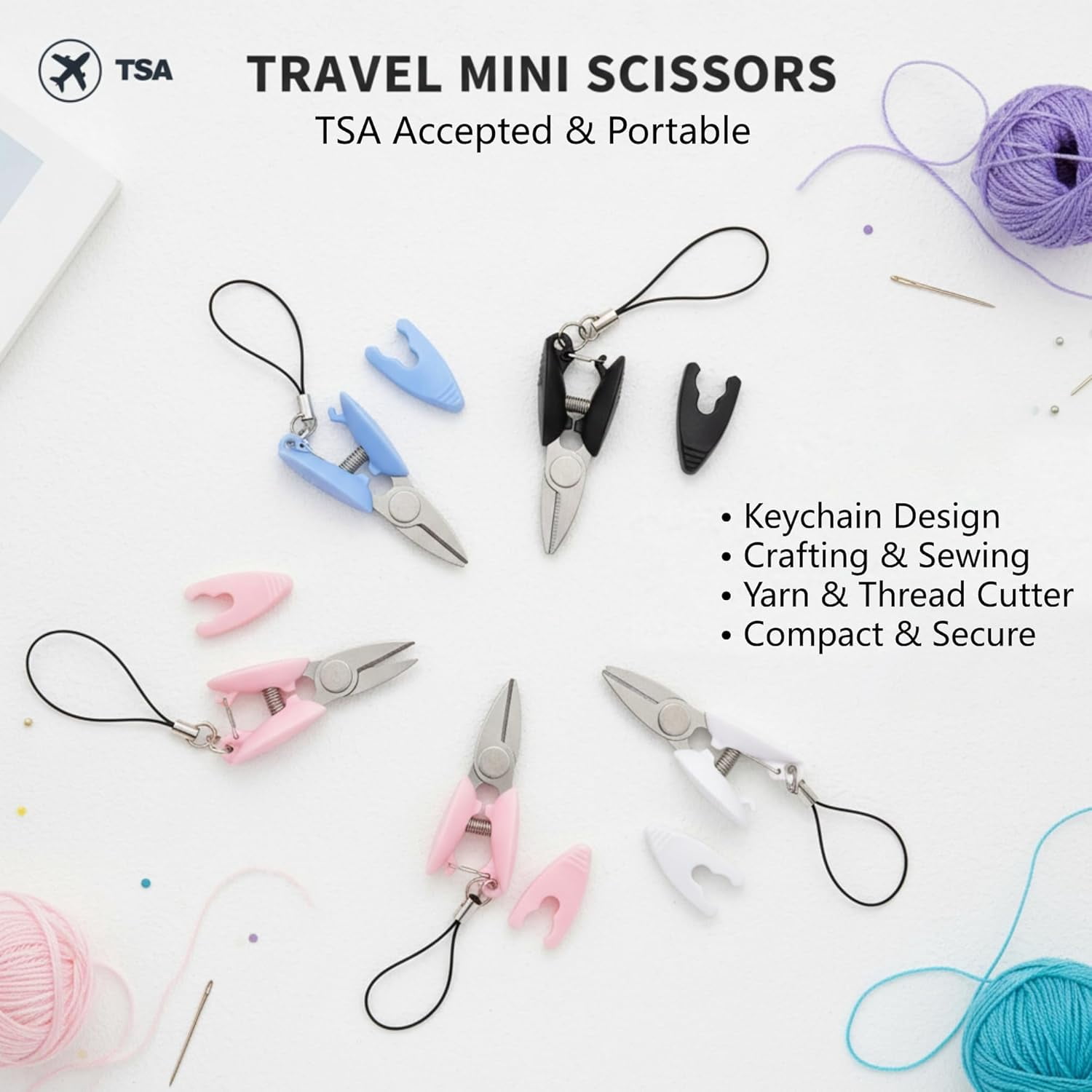 50 Pcs Tiny Scissors with Cover, 5 Colors Travel Scissors Mini Compact Keychain Sewing Snips for Craft Yarn Yarning Traveling Supplies (White, Black, Blue, Green, Pink)