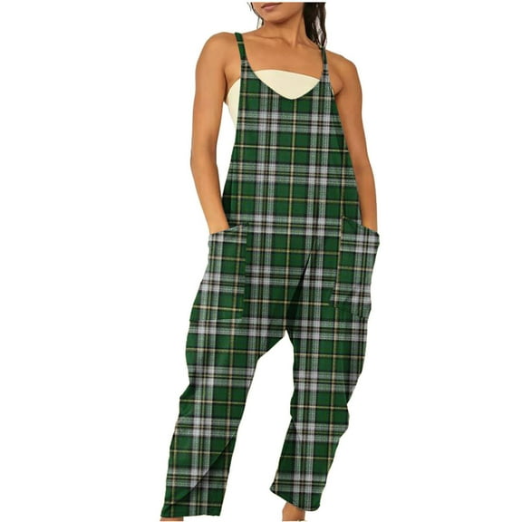 Wycnly Womens Jumpsuits Plus Size Pocket Wide Leg Classic Spaghetti Strap Jumpsuits with Pocket Trendy Plaid Print V-Neck Sleeveless Long Summer Rompers Army Green xl