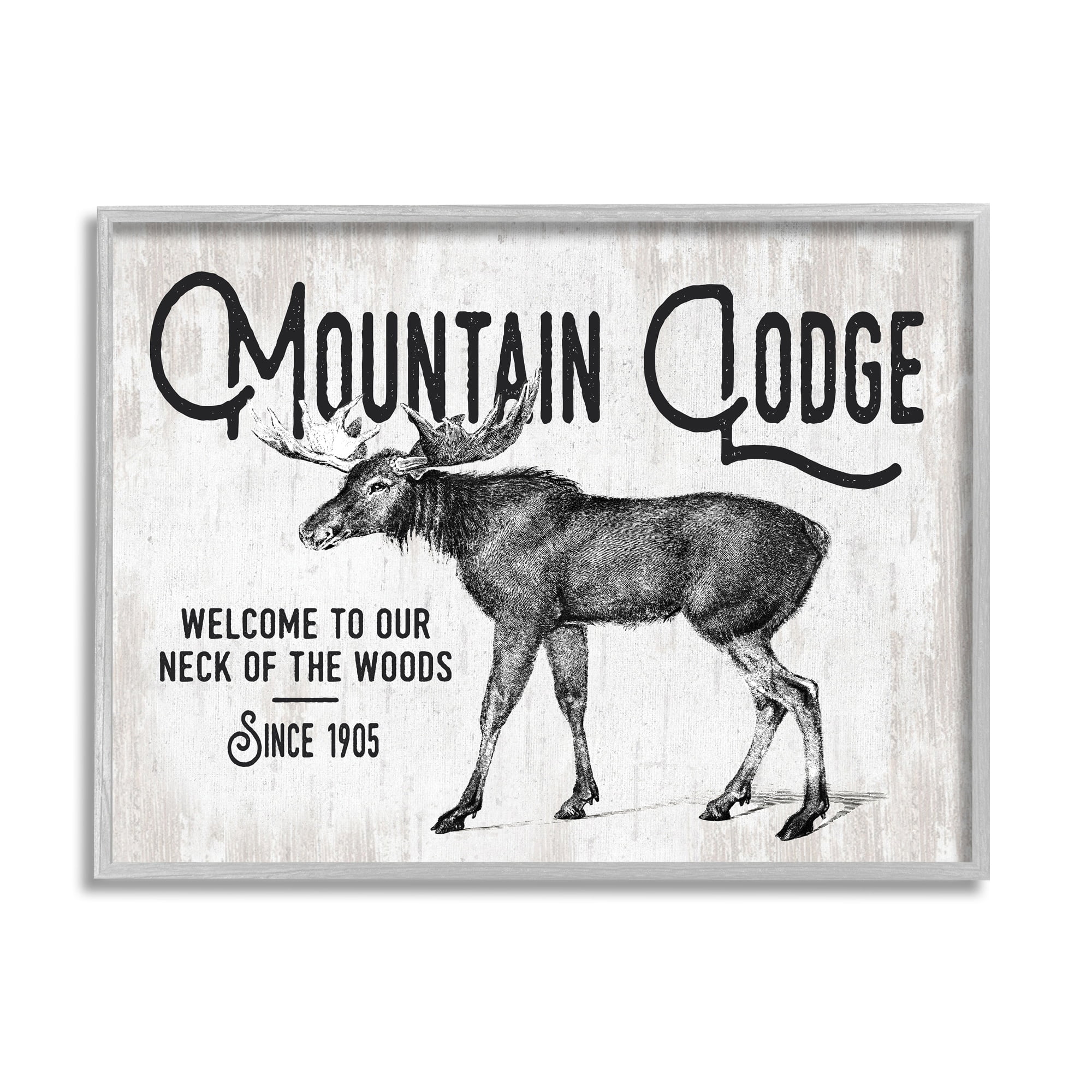 Stupell Industries Rustic Mountain Lodge Vintage Moose Cabin Sign Graphic Art Gray Framed Art Print Wall Art, Design by Lettered and Lined