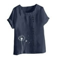 thumbnail image 4 of Cmfcve Women's Summer Oversize Tops Short Sleeve Round Neck Cotton Linen Tee Shirt Dandelion Printed Henley Button Blouse, 4 of 5