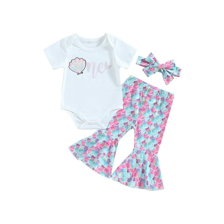 

Genuiskids Infant Baby Girl Birthday Outfit Bodysuit Top Floral Bell Bottom Pants With Headband Newborn Summer Boho Clothes 0-12M