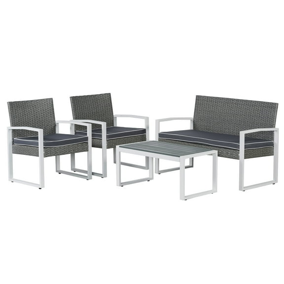 Elina 4-Piece Modern Coastal Faux Wicker Conversation Outdoor Patio Set, White/Gray
