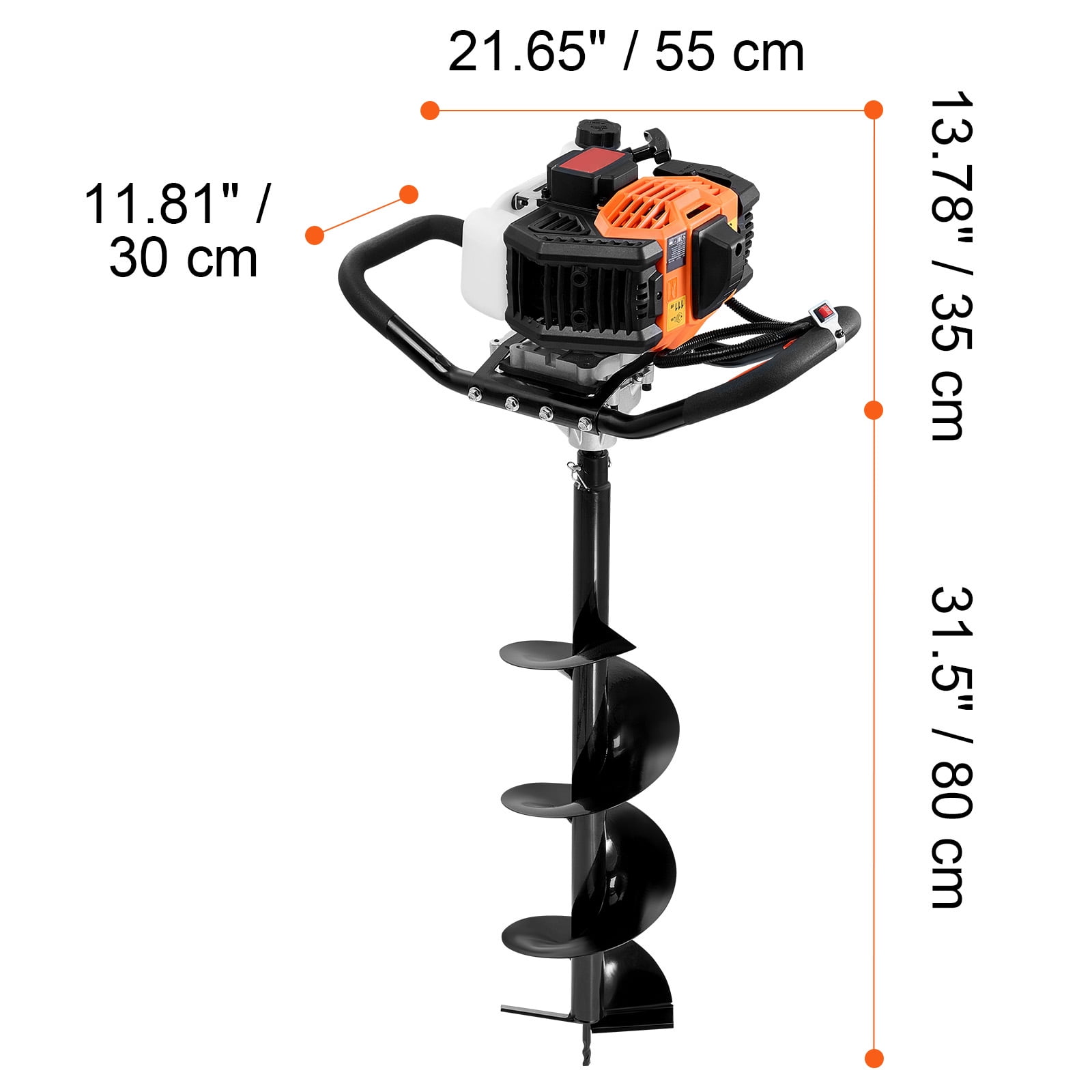 KFFKFF Gas Post Hole Digger, 52CC 1450W Earth Auger with 8” Drill Bits and Extension Rod, Ideal for Garden, Farmland, and Fence Installation, Orange and Black