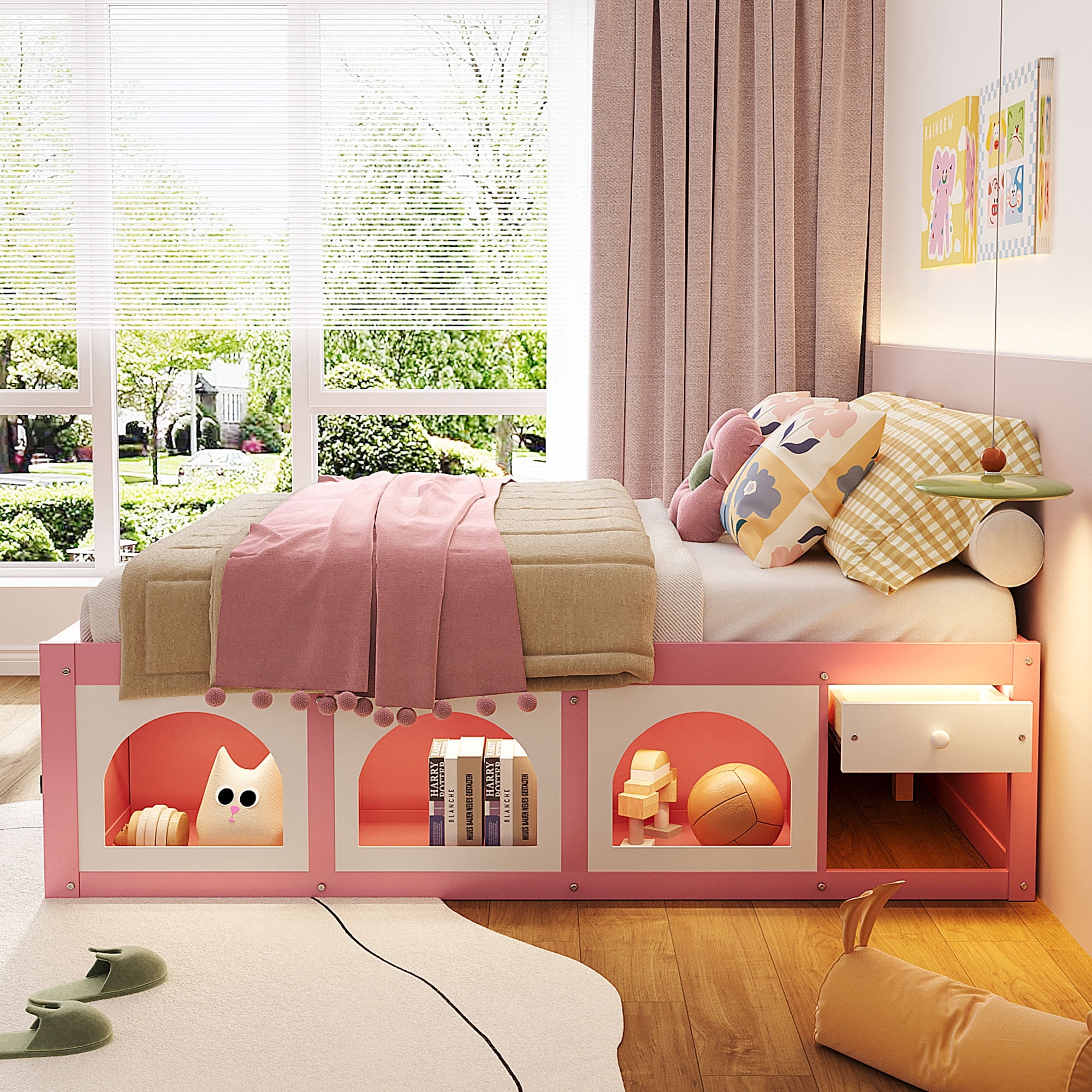 Mintazer Full Platform Bed with Bookshelf and 3 Open Cubbies & Drawer, Wooden Bed Frame with LED Light for Kids Bedroom, Pink & White