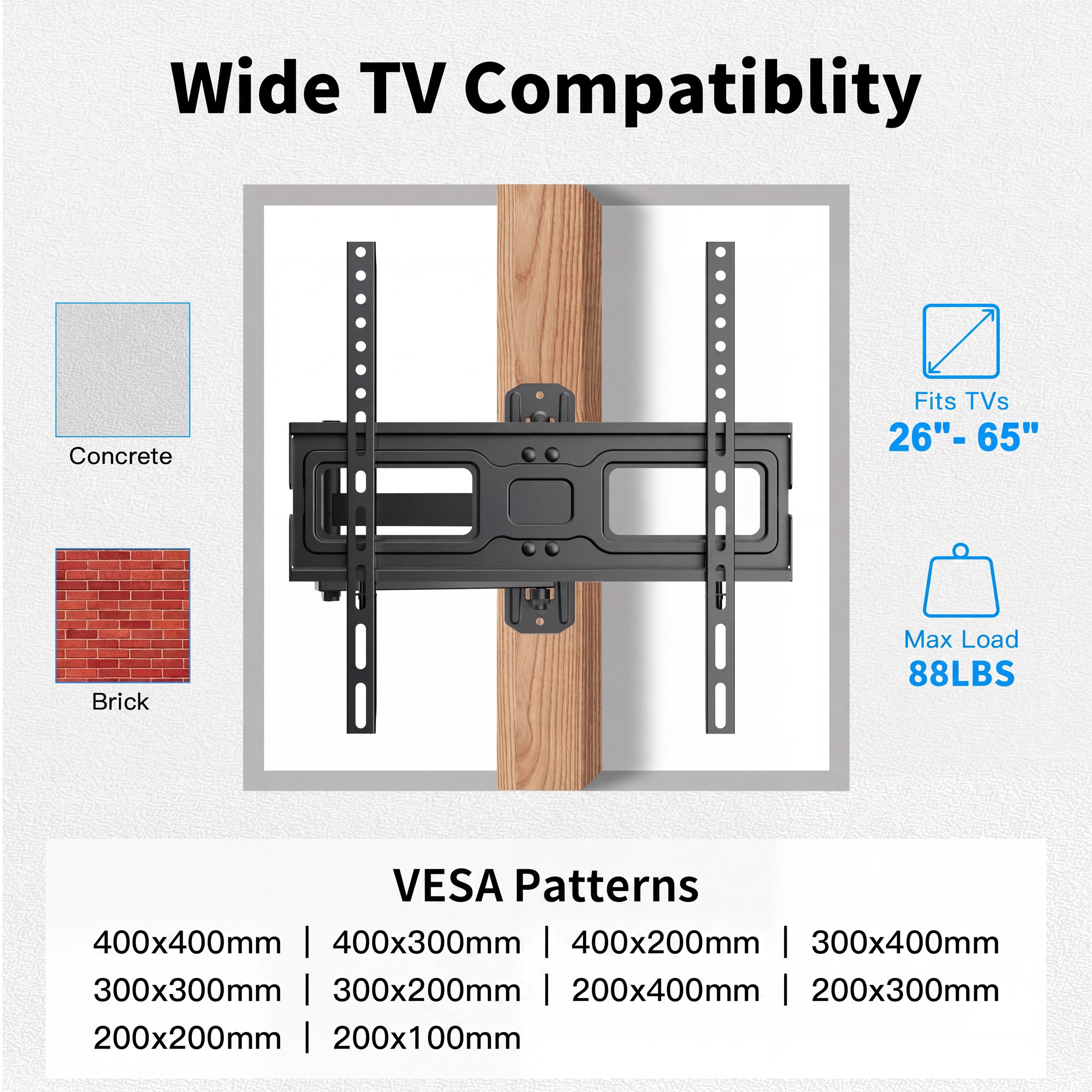MountFTV Full Motion  Long Arm TV Wall Mount for 26-65 inch TVs,  with 19.17 inch Extension,Holds up to 88 lbs,Corner Articulating TV Mount Bracket,Max 400x400mm