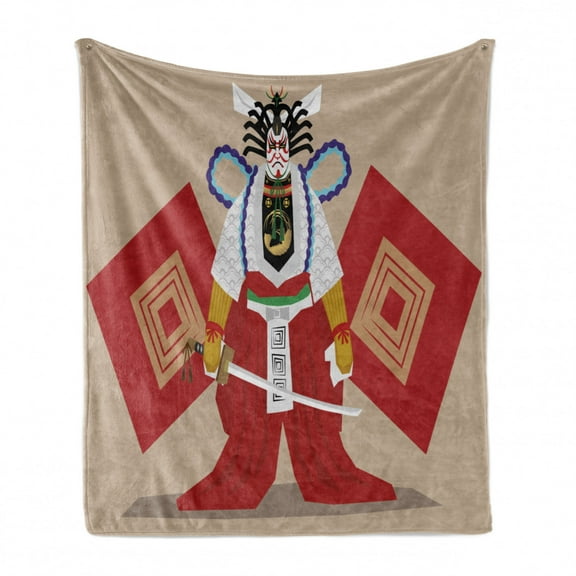 Kabuki Soft Flannel Fleece Throw Blanket, Cartoon Kabuki Performer on Stage Actor with Eastern Style Details Print, Cozy Plush for Indoor and Outdoor Use, 60" x 80", Multicolor, by Ambesonne