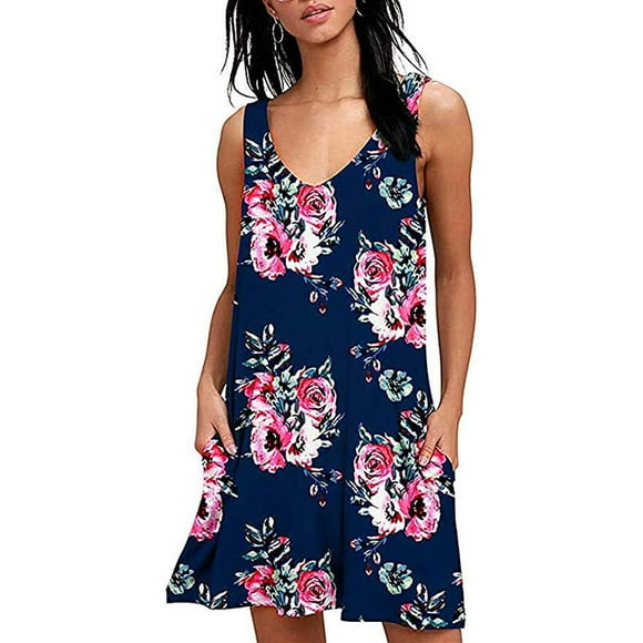 Aux Robes d'Été pour Femmes Plage Décontracté Tshirt Grande Taille Floral Manches Courtes en Vrac Flowy Sundresses Style1-Bleu Profond X-Large