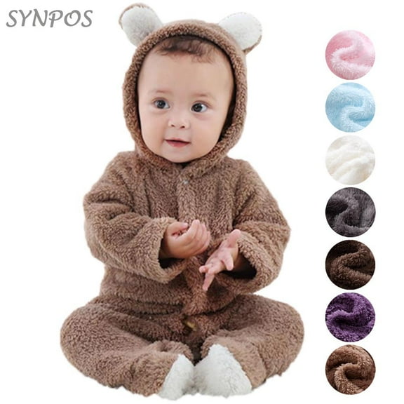 SYNPOS Baby Boy Girl Bear Ear Hooded Footed Jumpsuit Warm Fleece Romper, Newborn