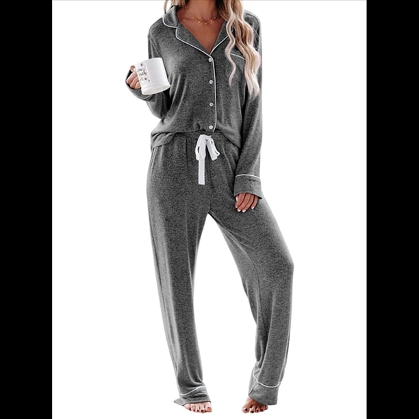 Conjuntos de Pijama para Mujer, de Larga, con Botones, para Dormir, Pijamas Suaves, Conjuntos de Estar por Casa. Gris XL
