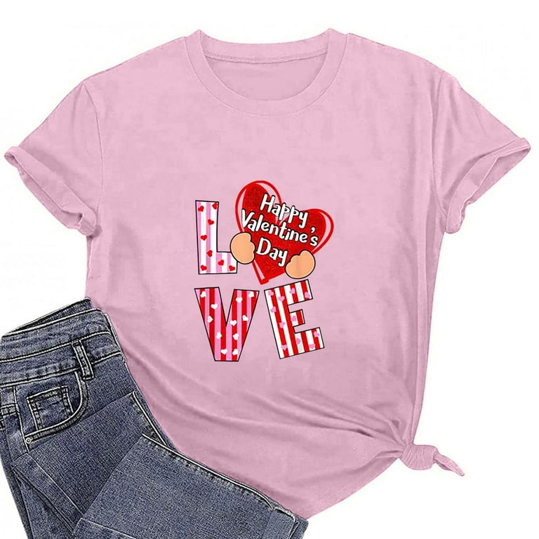 SMihono Clearance Gifts for Women Plus Fashion Ladies Valentine's Day Short  Sleeve Crew Neck Blouse Shirts for Women Loose Casual Love Heart Print  Female Leisure Pink XXL 