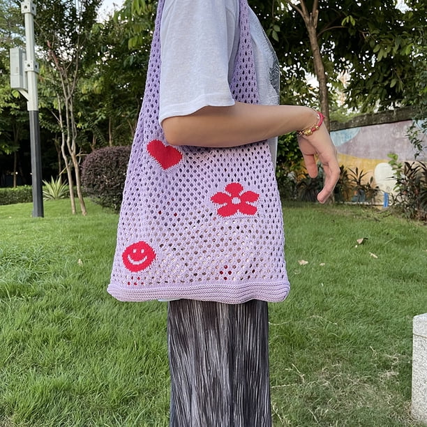 Bolso de hombro de gran capacidad de punto Bolsos de flores huecas de malla (púrpura)