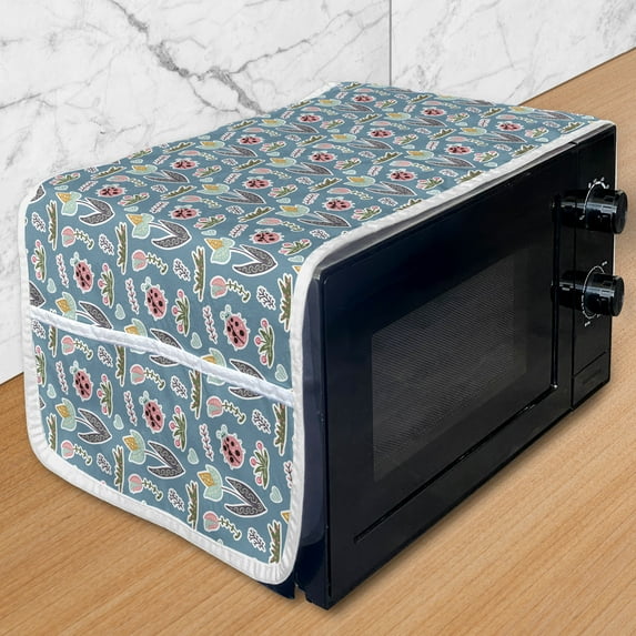 Nature Microwave Oven Cover, Doodle Forest Elements with Ladybugs Flowers and Thickets Ornamented with Curls, Water Resistant Organizer with Pockets for Kitchen, 36" x 12", Multicolor, by Ambesonne