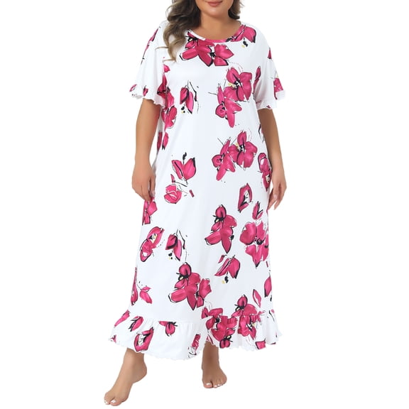 DARING DIVA Women's Plus Women's Floral Maxi Nightgown Sleepwear 1X White Pink