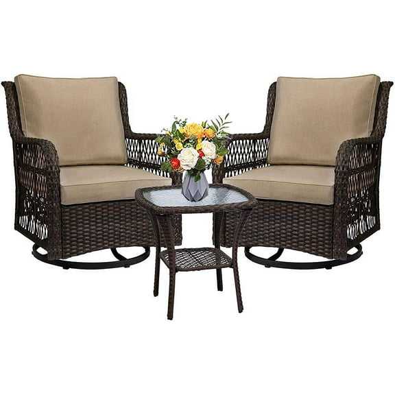 Soonbuy 3 Piece Patio Bistro Furniture Sets Clearance, Outdoor Wicker Swivel Rocker Patio Set, 360 Degree Swivel Rocking, Beige
